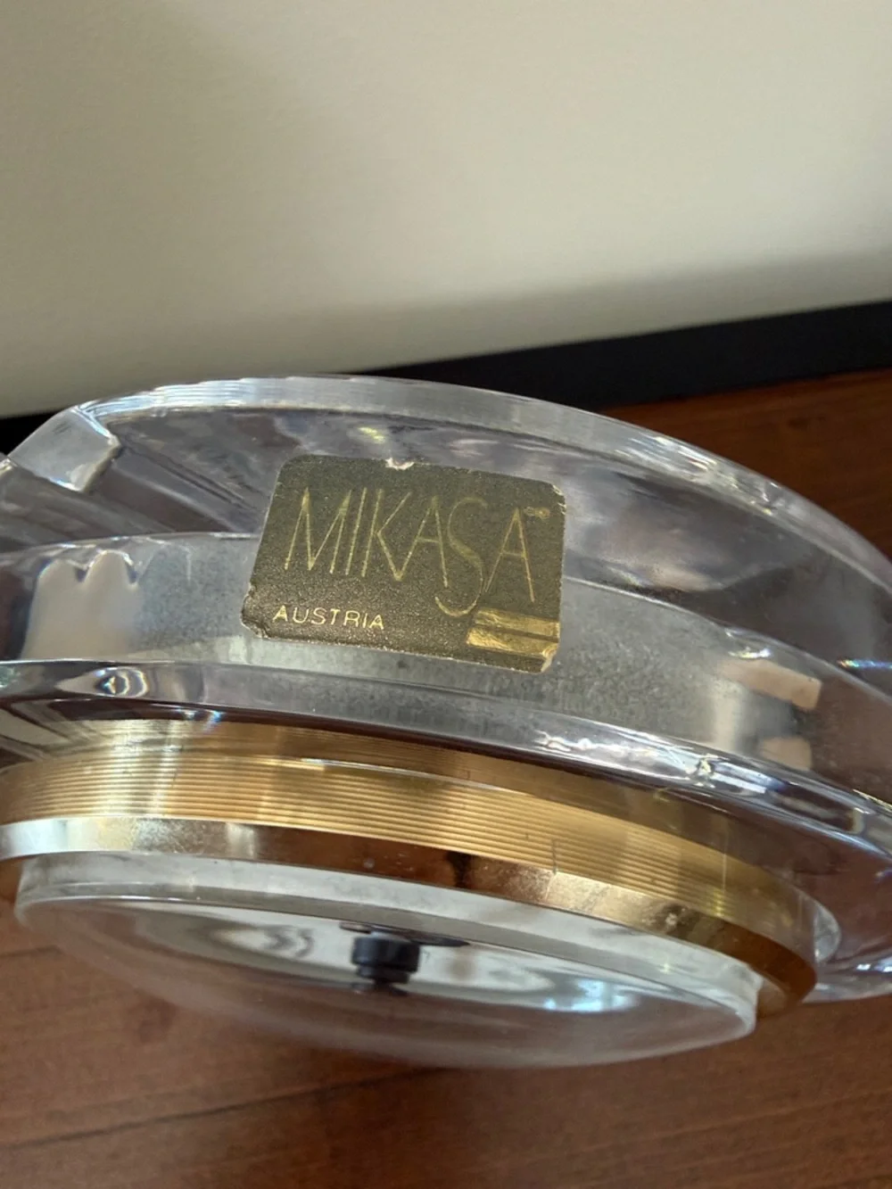 Mikasa Crystal Table Clock with Gold Accent and White Dial. Runs on AA Battery